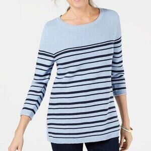 Karen Scott Striped Cotton Lace-Up Sweater Blue